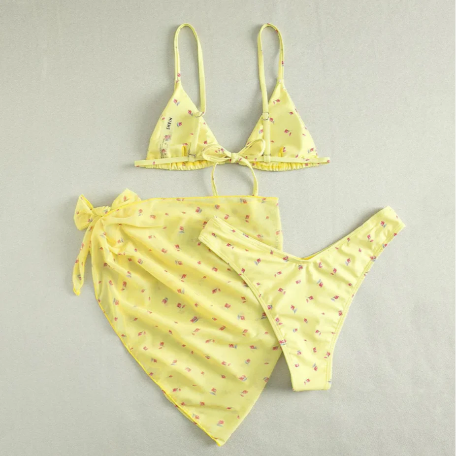 Ensemble bikini 3 pièces à fleurs