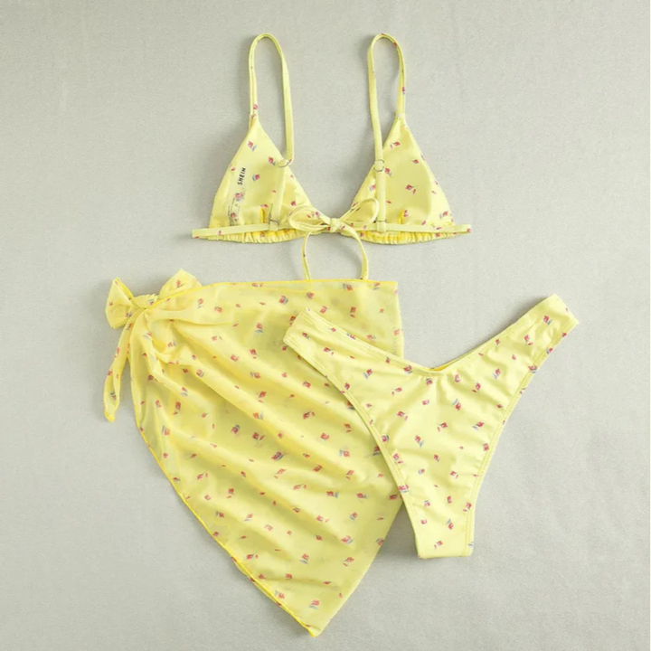 Ensemble bikini 3 pièces à fleurs