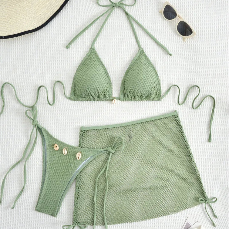 Ensemble bikini 3 pièces à jupette en résille