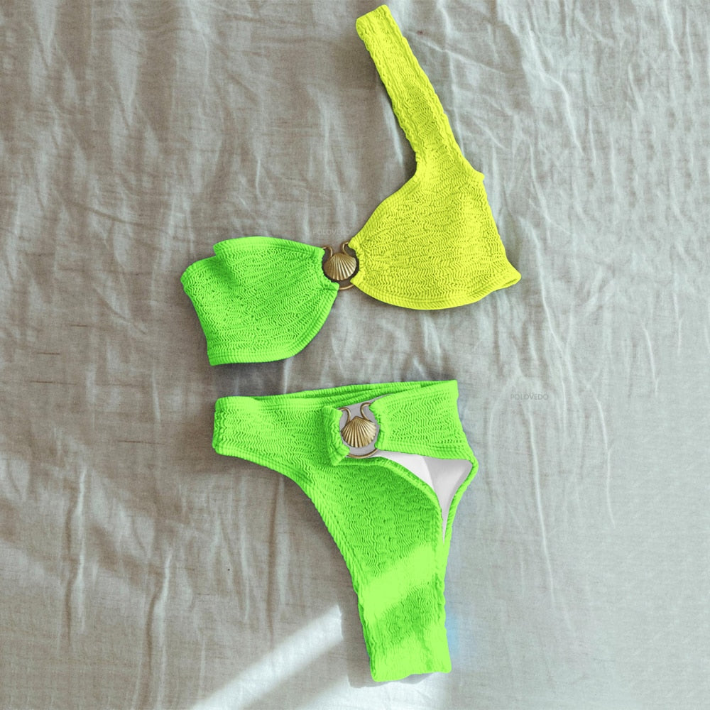 Maillot de bain 2 pièces en maille côtelée sur une épaule, taille haute, à détails coquillages