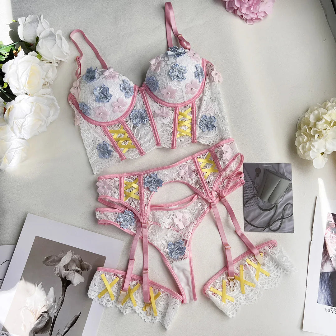 Ensemble de lingerie en dentelle 4 pièces à fleurs