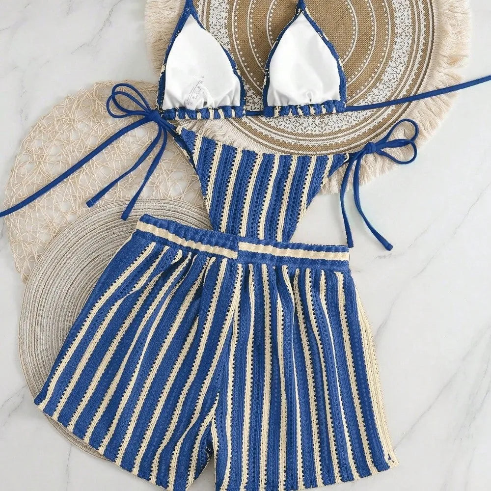 Ensemble de plage 3 pièces avec shorty en résille
