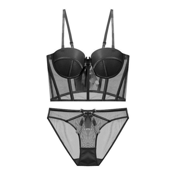 Ensemble de lingerie 2 pièces coupe corset avec résille semi-transparente et nœuds