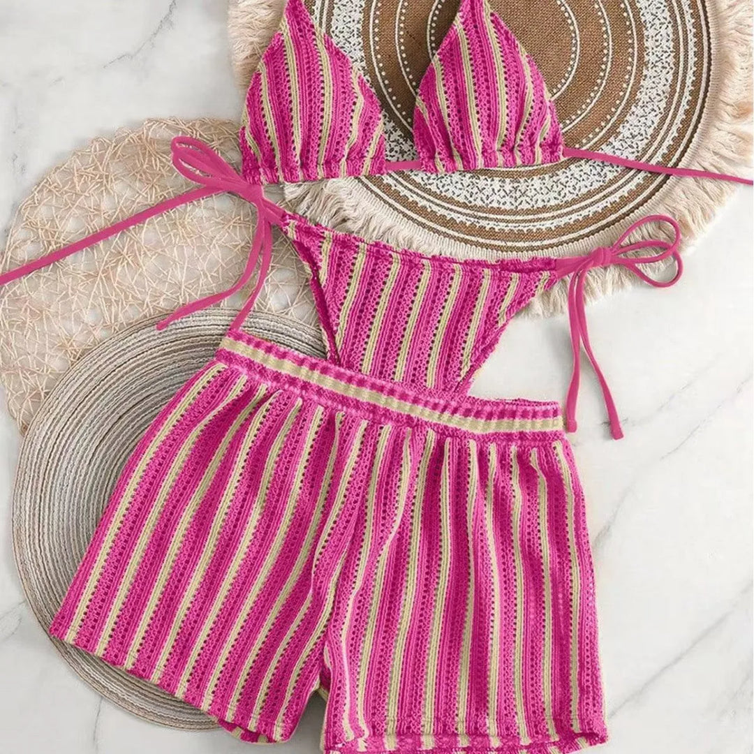 Ensemble de plage 3 pièces avec shorty en résille
