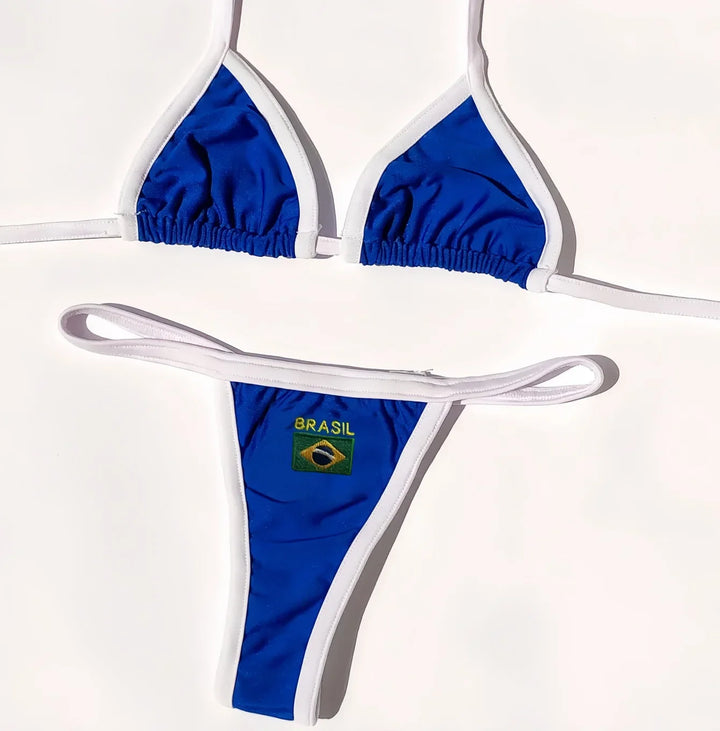 Bikini brésilien 2 pièces à bonnets triangle et broderie Brasil