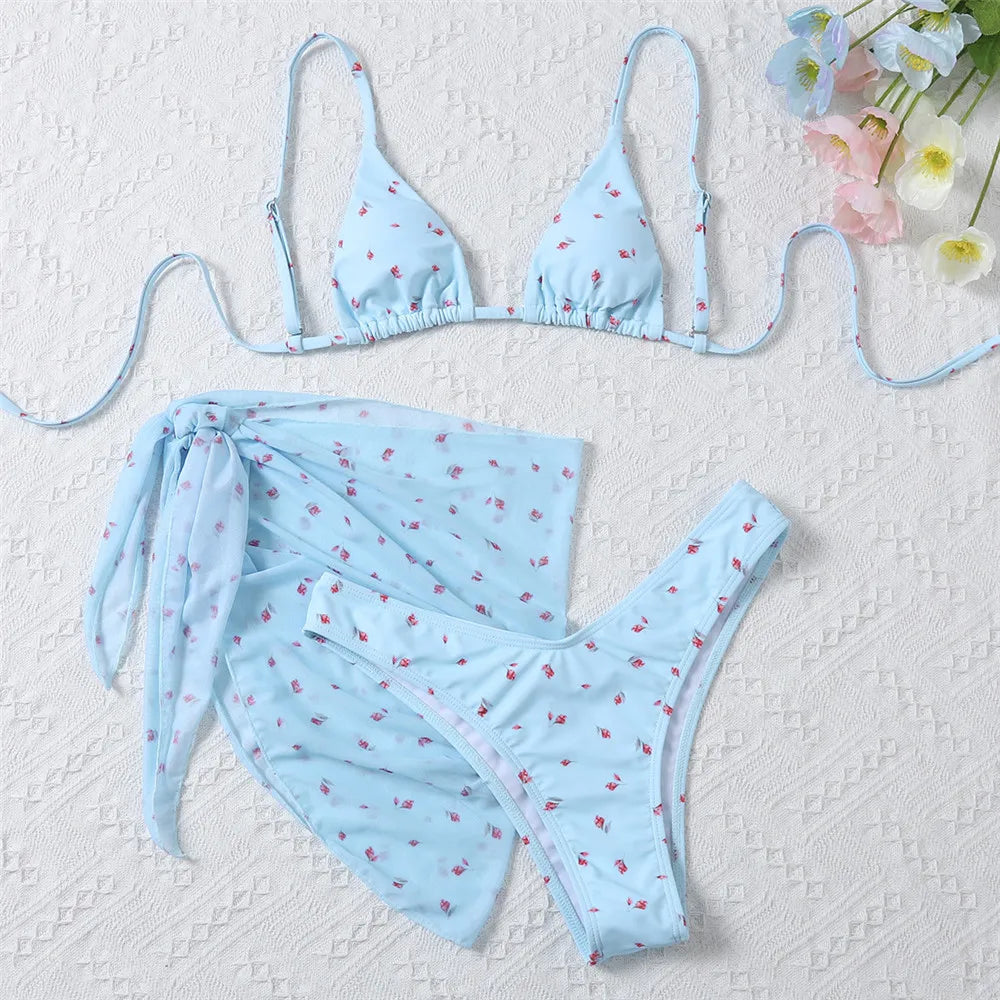 Ensemble bikini 3 pièces à fleurs