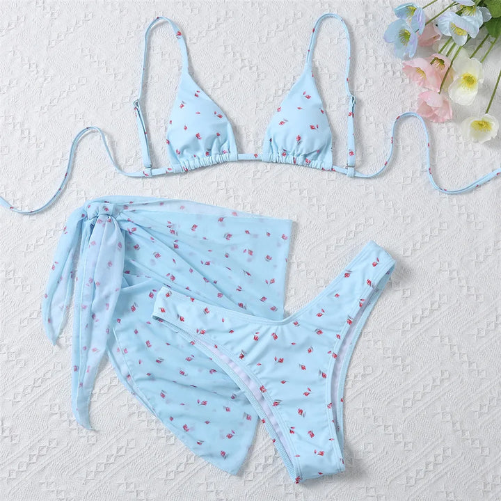 Ensemble bikini 3 pièces à fleurs