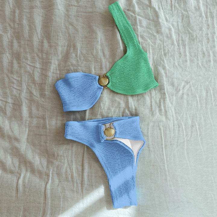 Maillot de bain 2 pièces en maille côtelée sur une épaule, taille haute, à détails coquillages