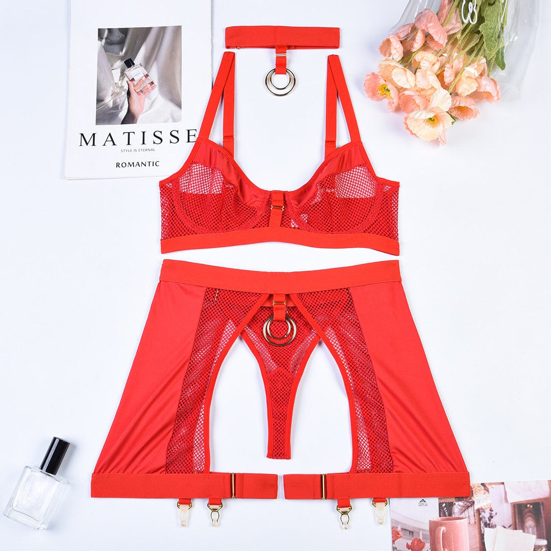 Ensemble de lingerie 3 pièces avec ras-de-cou, résille et anneaux métalliques