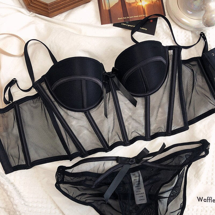 Ensemble de lingerie 2 pièces coupe corset avec résille semi-transparente et nœuds