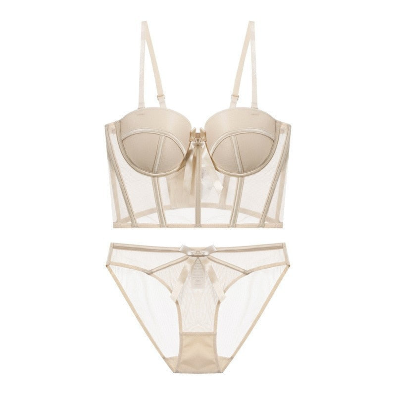 Ensemble de lingerie 2 pièces coupe corset avec résille semi-transparente et nœuds