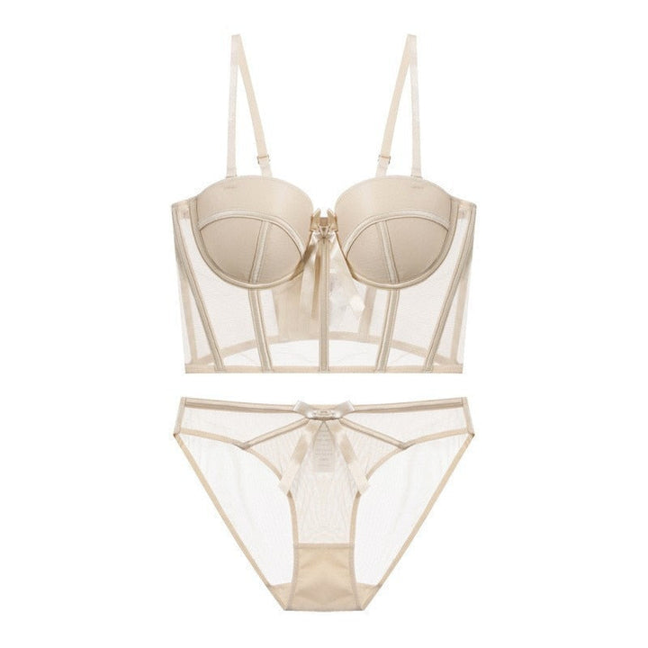 Ensemble de lingerie 2 pièces coupe corset avec résille semi-transparente et nœuds