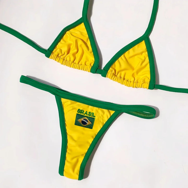 Bikini brésilien 2 pièces à bonnets triangle et broderie Brasil
