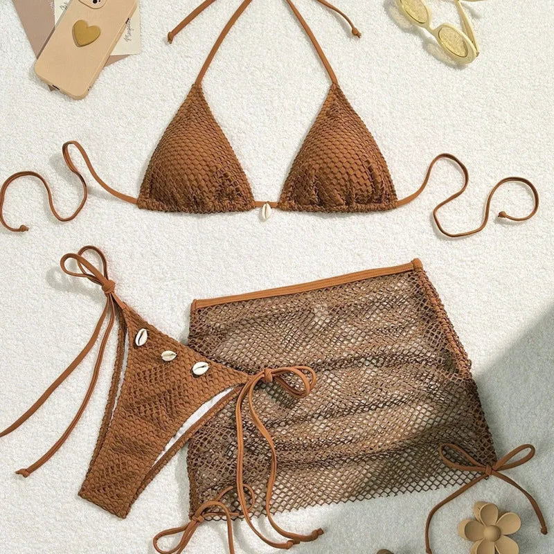 Ensemble bikini 3 pièces à jupette en résille