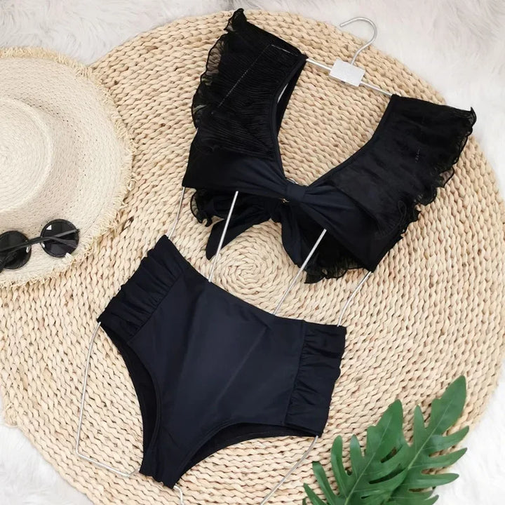 Maillot de bain deux pièces à taille haute avec manches décoratives