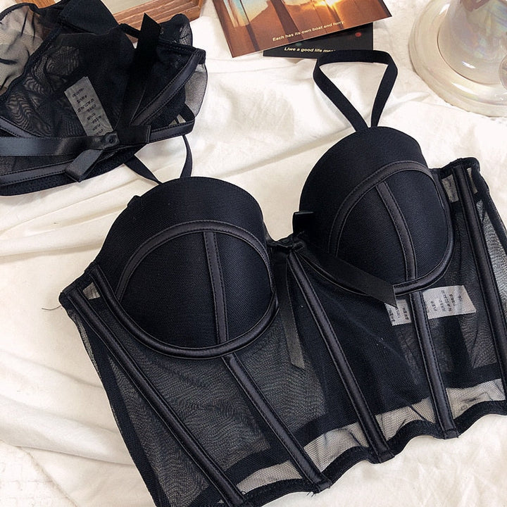Ensemble de lingerie 2 pièces coupe corset avec résille semi-transparente et nœuds