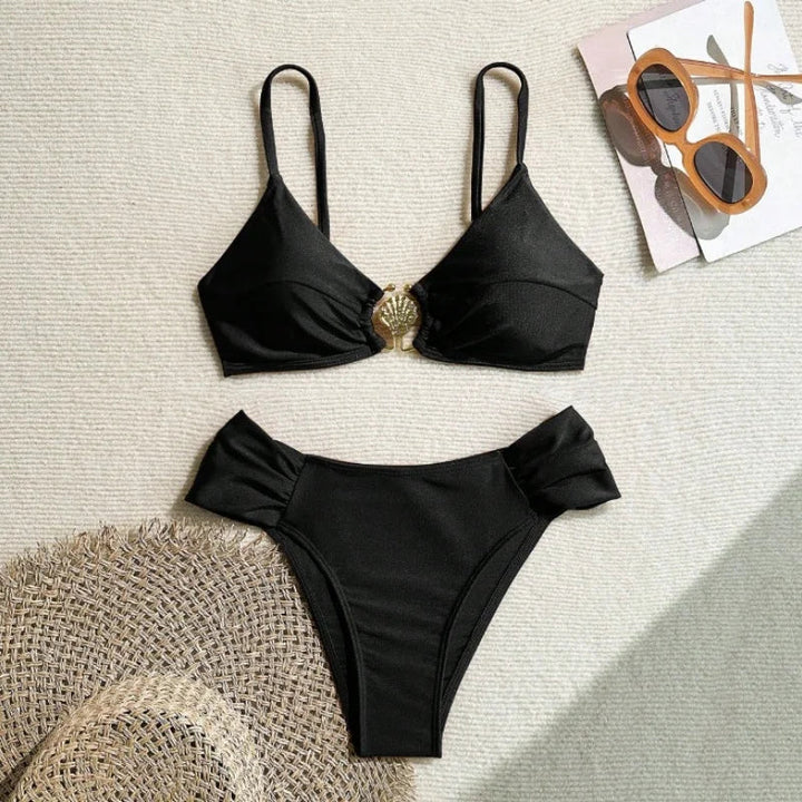 Bikini taille haute avec coquillage métallique