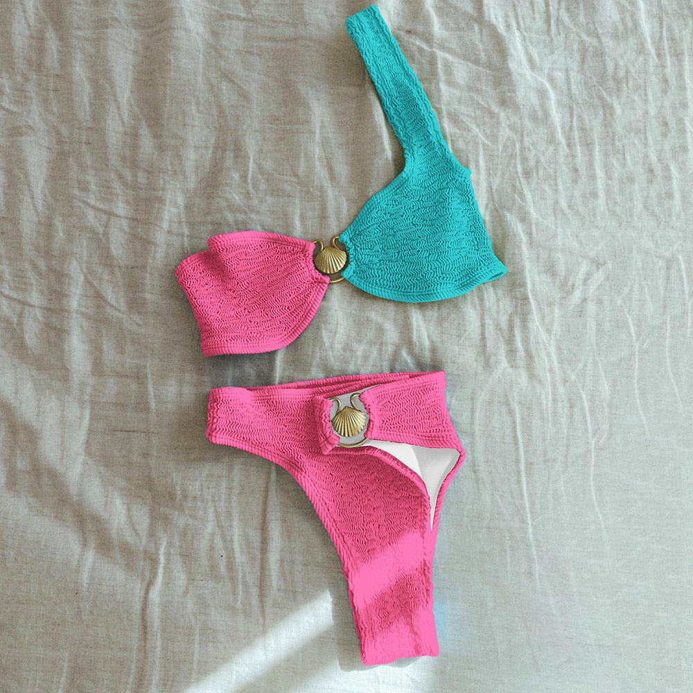 Maillot de bain 2 pièces en maille côtelée sur une épaule, taille haute, à détails coquillages