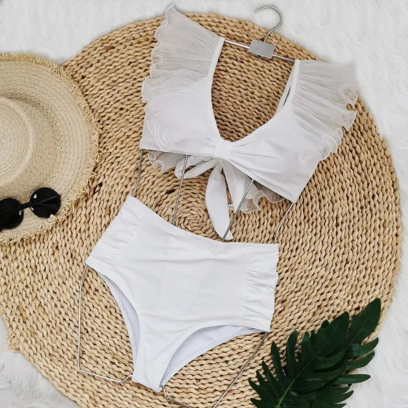 Maillot de bain deux pièces à taille haute avec manches décoratives