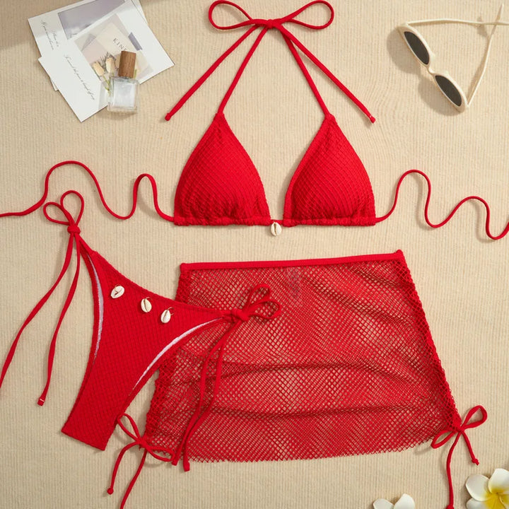 Ensemble bikini 3 pièces à jupette en résille