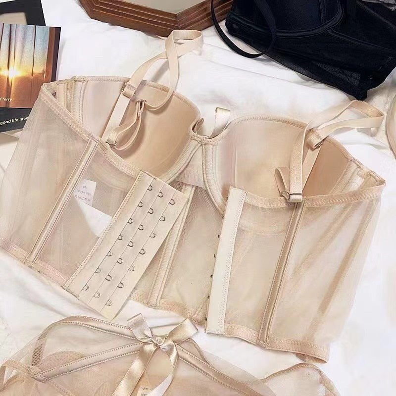 Ensemble de lingerie 2 pièces coupe corset avec résille semi-transparente et nœuds