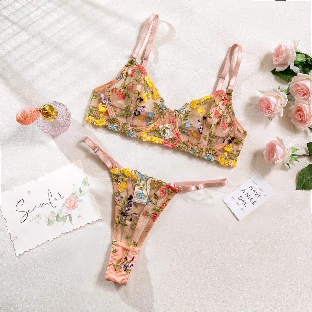 Ensemble de lingerie à fleurs brodées colorées