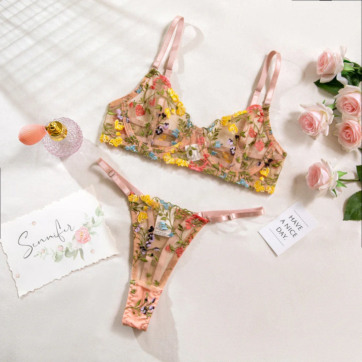 Ensemble de lingerie à fleurs brodées colorées