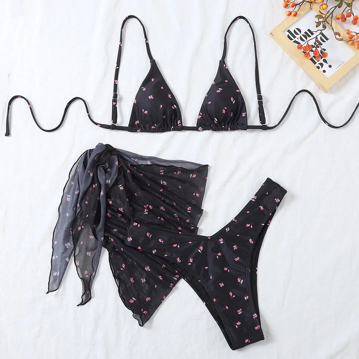 Ensemble bikini 3 pièces à fleurs