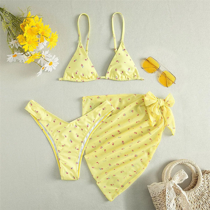 Ensemble bikini 3 pièces à fleurs