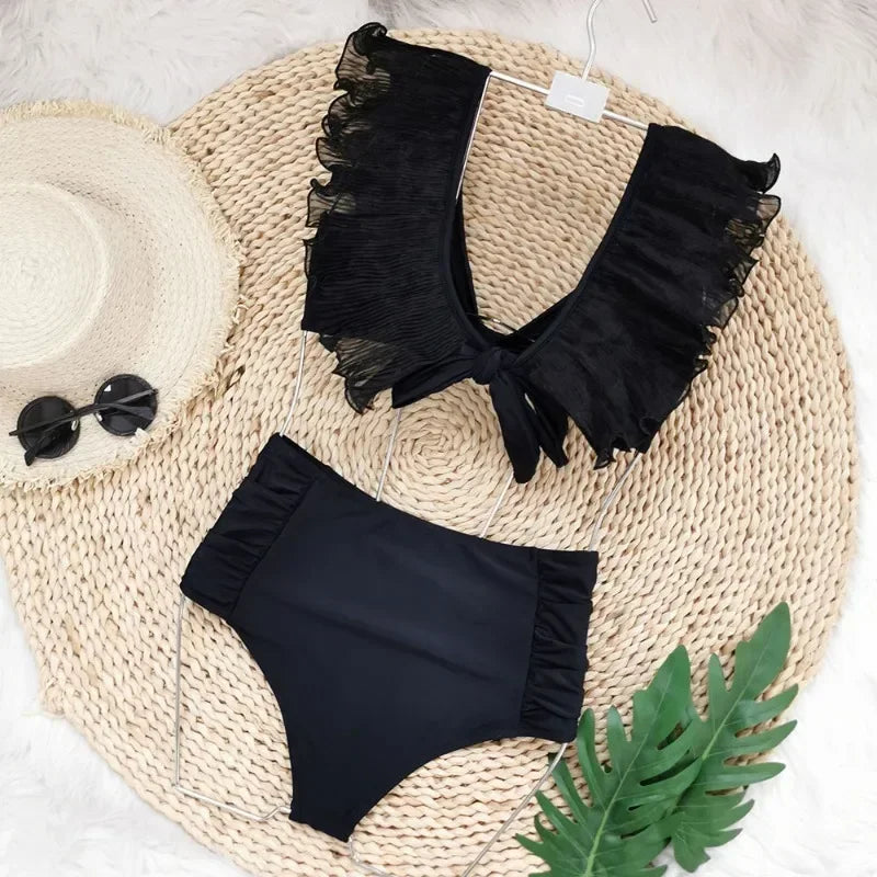 Maillot de bain 2 pièces taille haute à manches décoratives