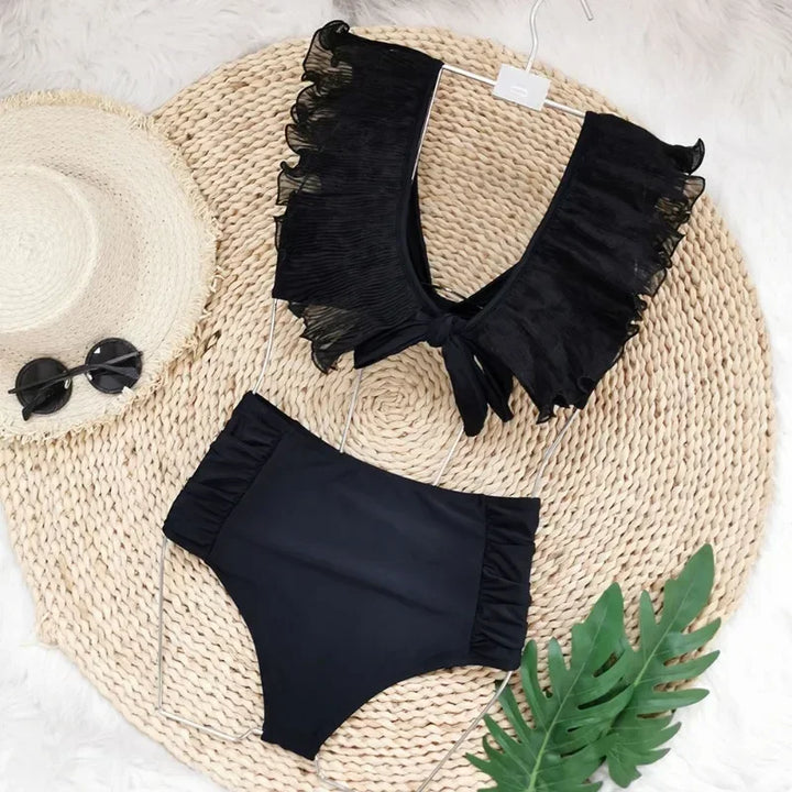 Maillot de bain 2 pièces taille haute à manches décoratives