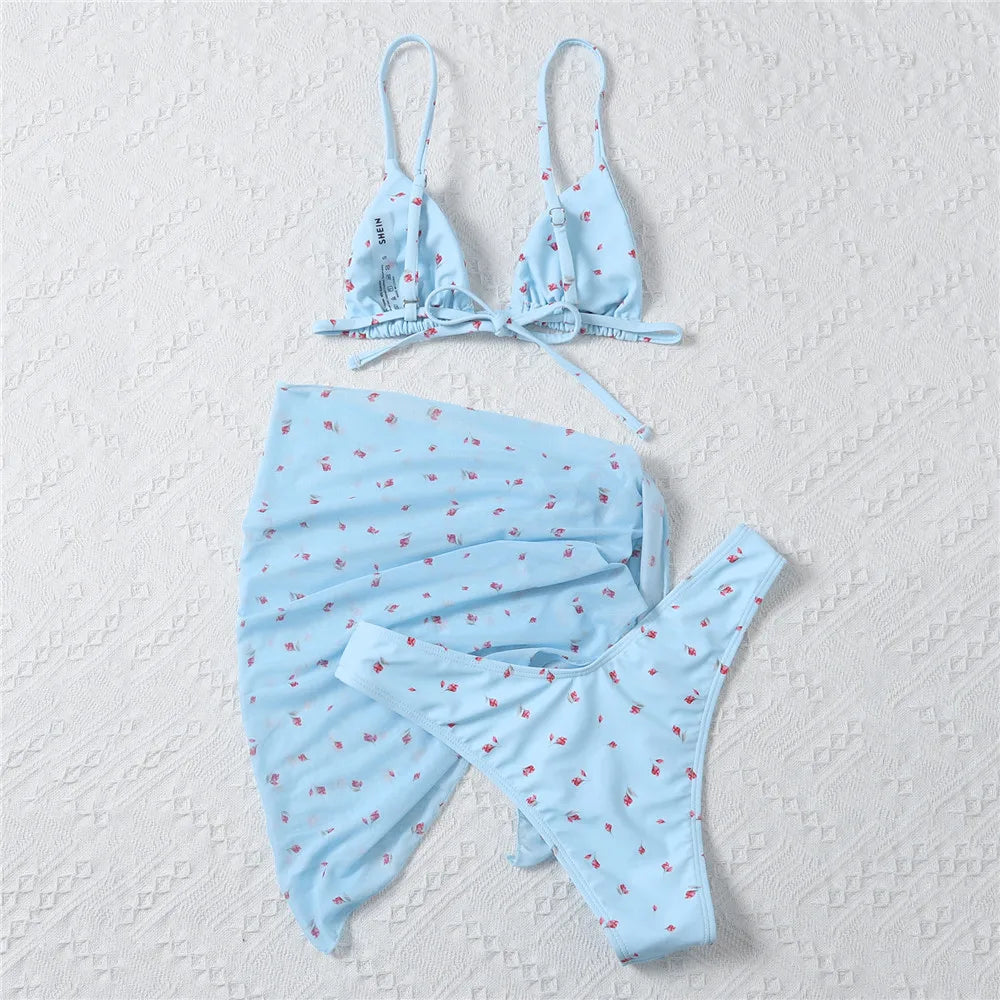 Ensemble bikini 3 pièces à fleurs