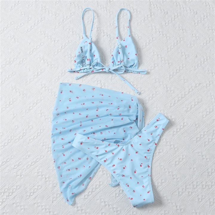 Ensemble bikini 3 pièces à fleurs