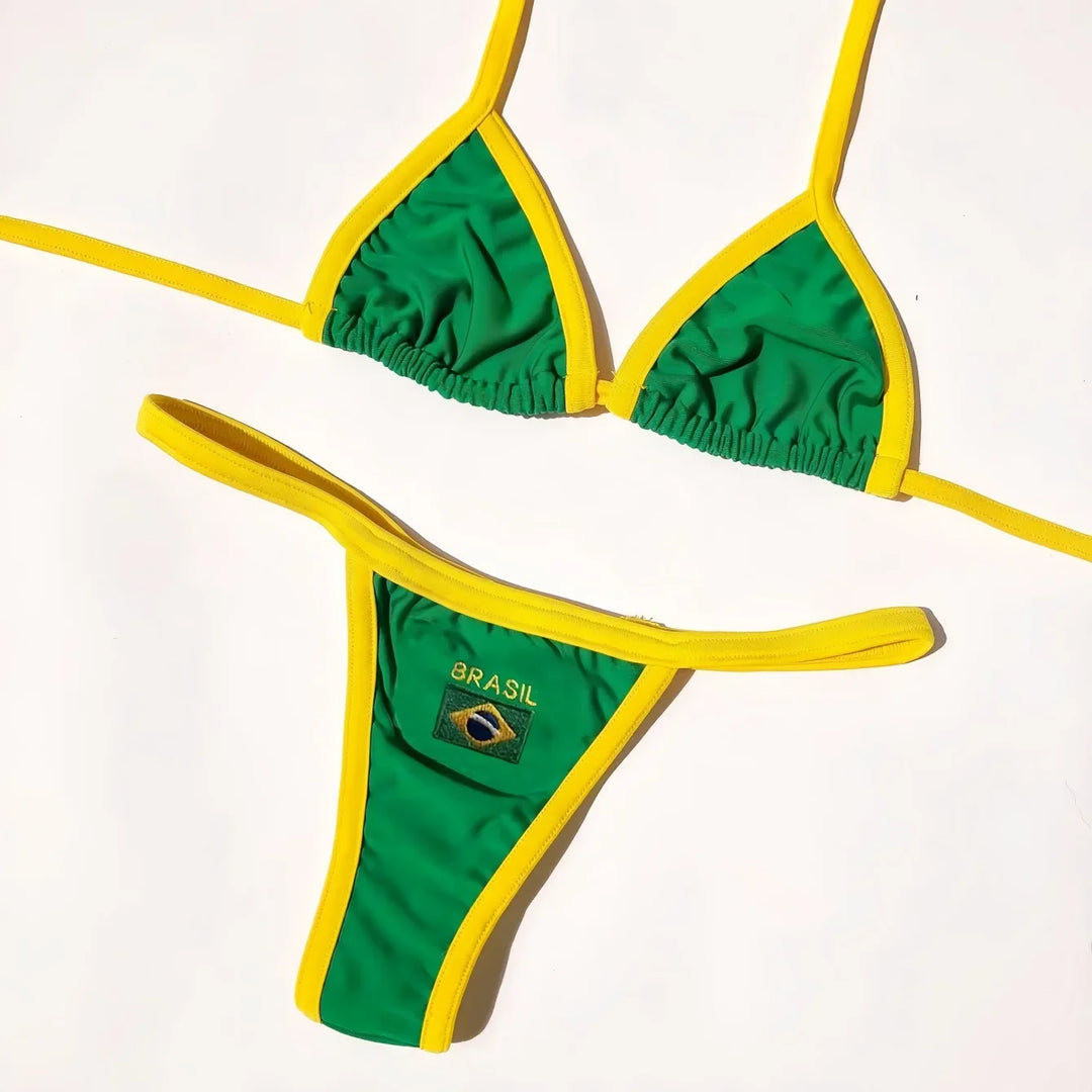 Bikini brésilien 2 pièces à bonnets triangle et broderie Brasil