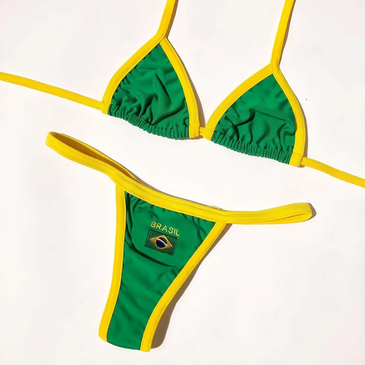 Bikini brésilien 2 pièces à bonnets triangle et broderie Brasil