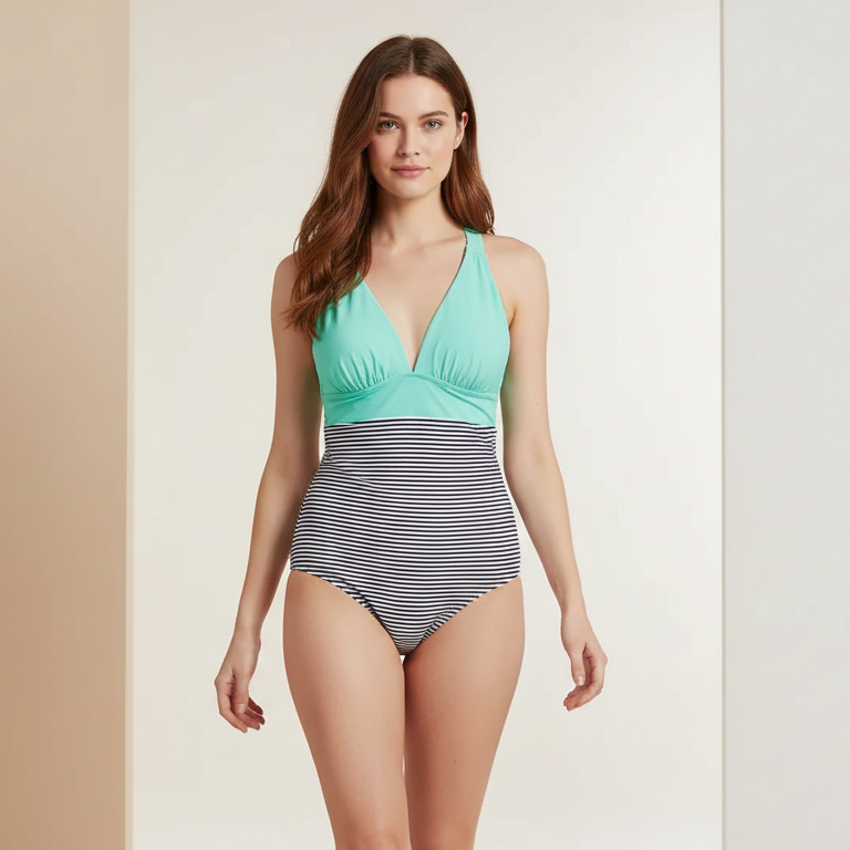 Maillot de bain une pièce à décolleté halter et fronces sculptantes à rayures