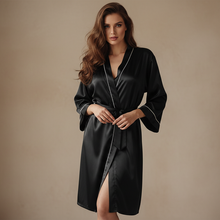 Peignoir femme en satin brillant à laçage à la taille et bordure décorative