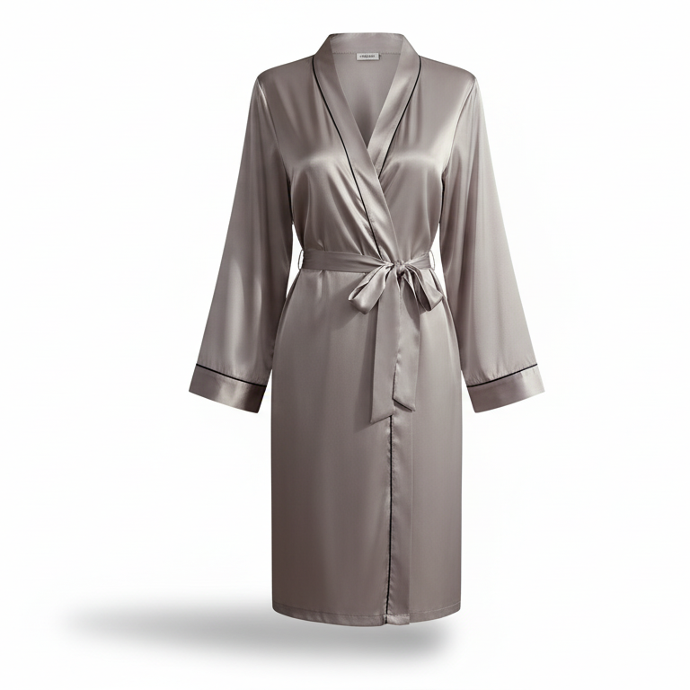 Peignoir femme en satin brillant à laçage à la taille et bordure décorative