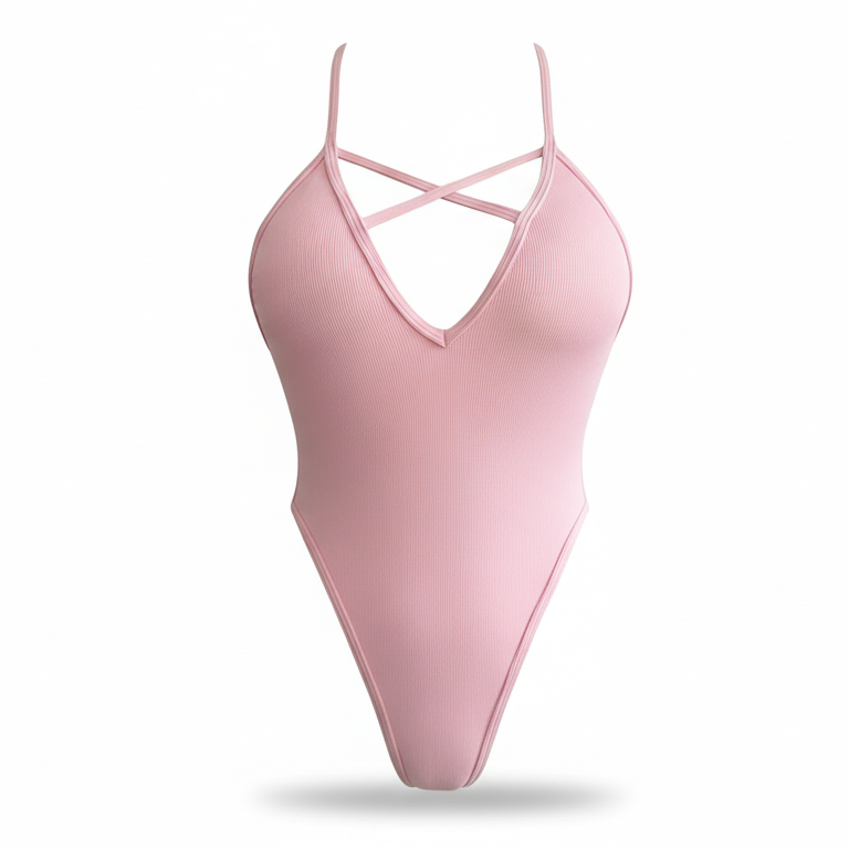 Maillot de bain une pièce à décolleté V, brides croisées et tissu côtelé