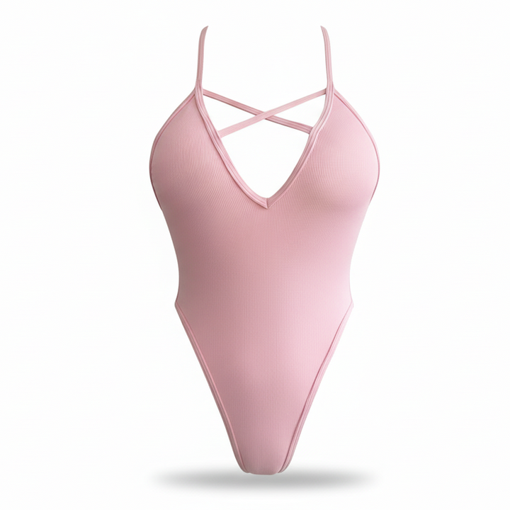 Maillot de bain une pièce à décolleté V, brides croisées et tissu côtelé