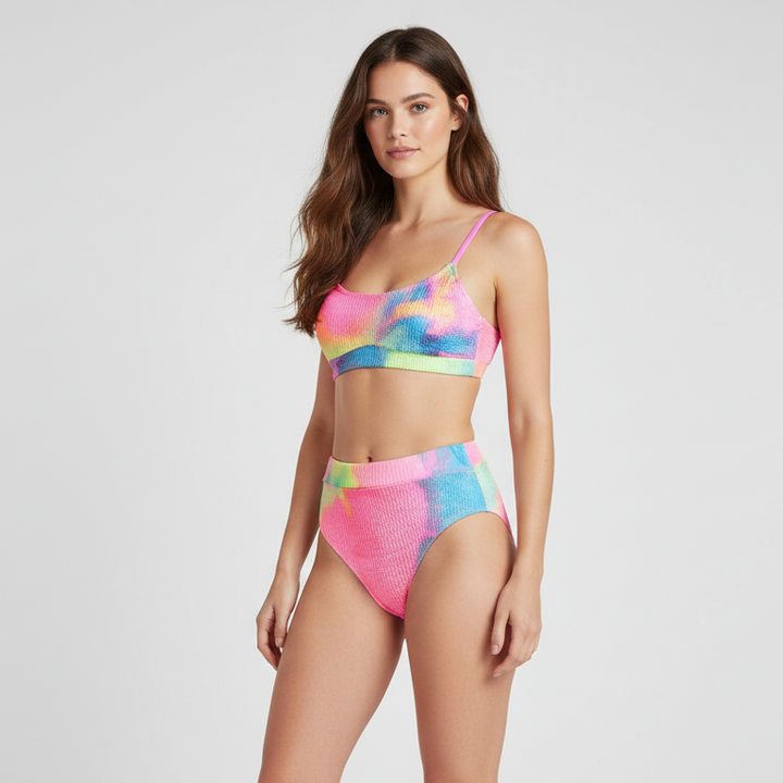 Maillot de bain 2 pièces tie-dye taille haute à texture côtelée