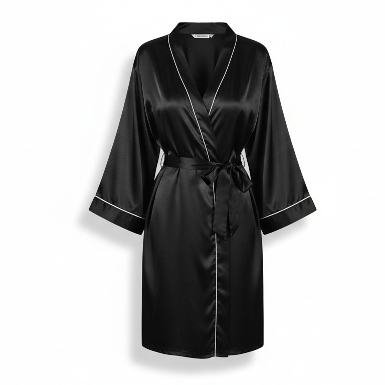 Peignoir femme en satin brillant à laçage à la taille et bordure décorative
