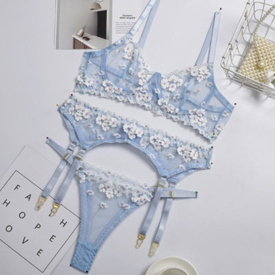 Ensemble 3 pièces en lin à motifs floraux