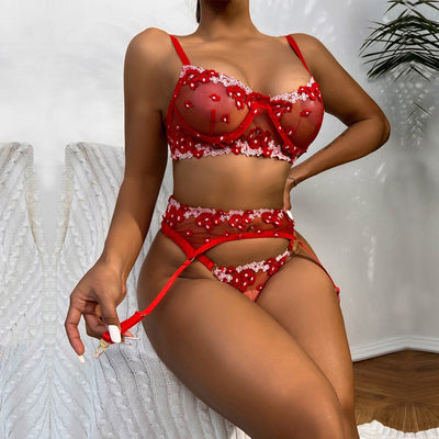 Ensemble 3 pièces en lin à motifs floraux