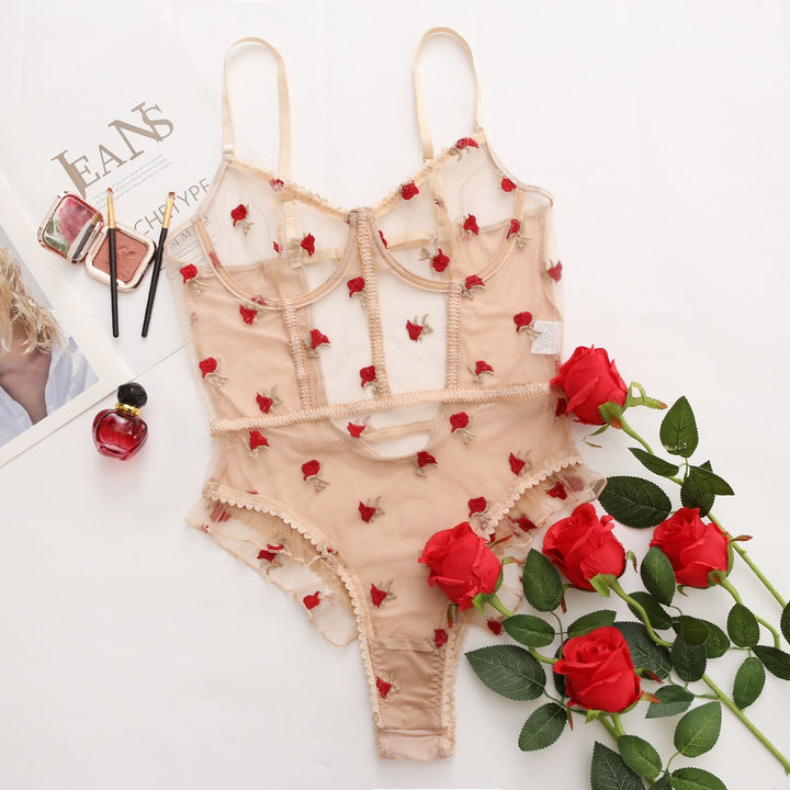 Body en résille motif roses avec volant
