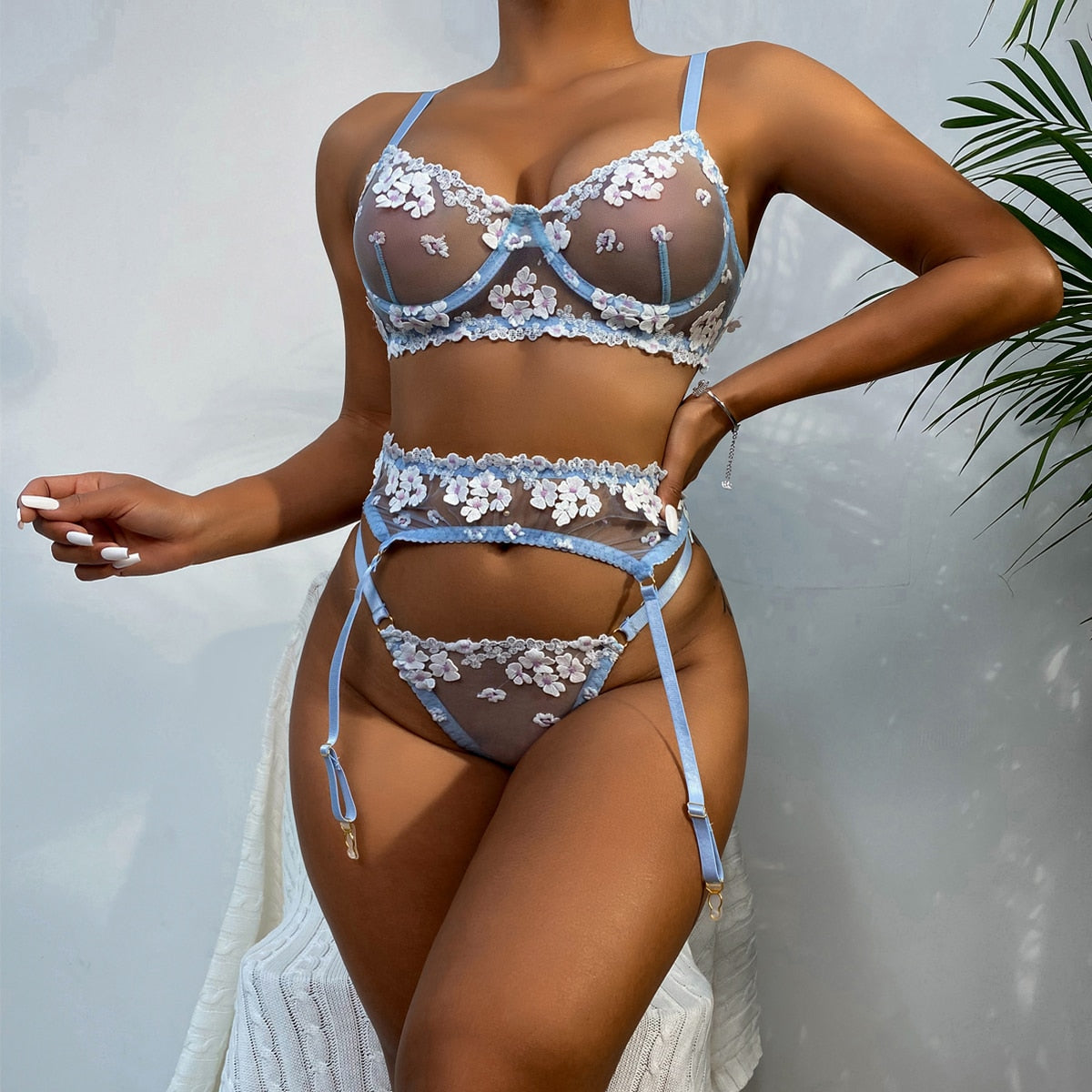 Ensemble 3 pièces en lin à motifs floraux