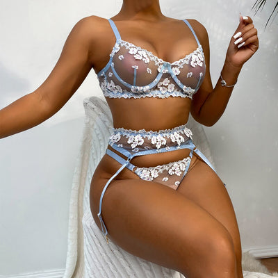 Ensemble 3 pièces en lin à motifs floraux